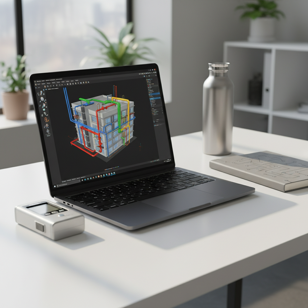 A close-up, photographic realistic view of a sleek laptop on a tidy white desk, displaying a complex BIM model of a building’s MEP systems in bright, distinct colors against a dark interface. Around the laptop lie a laser distance meter, a compact grey notebook with diagram-like embossing instead of text, and a stainless-steel reusable water bottle. Soft, indirect daylight from a nearby window creates a calm, professional glow with gentle shadows. Shot from a three-quarter angle with moderate depth of field so the screen and tools are crisp while the background office environment softly blurs. The mood is modern, analytical, and focused on digital engineering workflows.