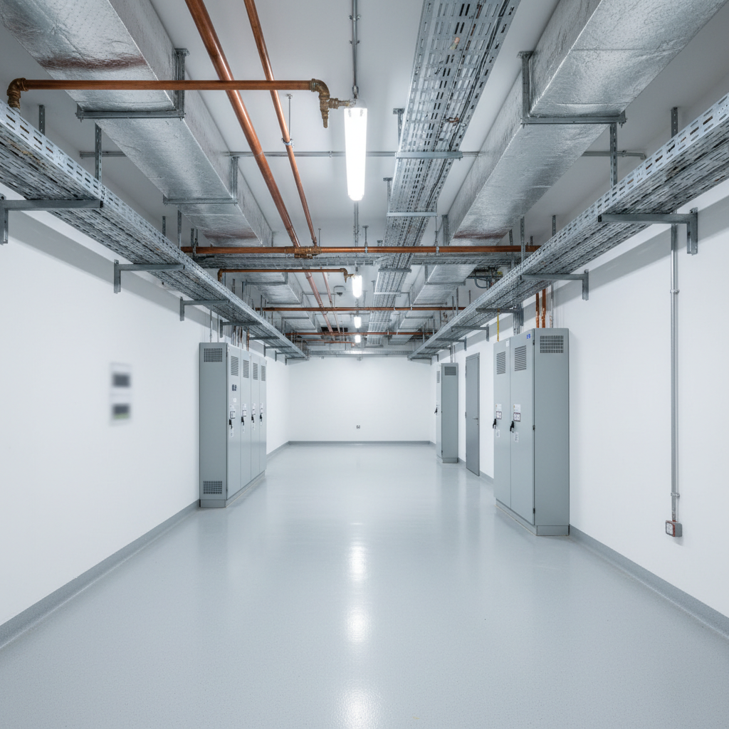A pristine mechanical room interior showcasing meticulously organized MEP systems in photographic realism: silver insulated ductwork running in straight, parallel lines; labeled but non-readable grey electrical panels; copper and PVC piping arranged along cable trays and wall brackets. The floor is spotless, light grey epoxy, and the walls are clean white. Bright, even industrial LED lighting from ceiling fixtures casts clear, crisp illumination with minimal shadows, emphasizing order and craftsmanship. Shot from eye level with strong linear perspective guiding the eye down the length of the room. The mood is highly professional and controlled, highlighting quality installation and engineering oversight for a technical projects portfolio image.