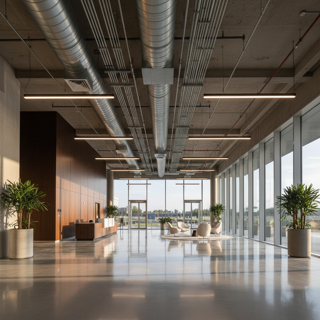 A high-end architectural lobby space with its exposed ceiling revealing beautifully coordinated MEP systems: neat galvanized ductwork, linear LED lighting, and carefully routed sprinkler piping, all arranged with architectural intent above a minimalist, polished concrete floor. A glass curtain wall floods the space with soft afternoon daylight, creating gentle reflections on metal surfaces and subtle shadows on the ceiling. Photographic realism, wide-angle lens from a low-to-eye-level perspective, using the rule of thirds to balance the open lobby and the technical ceiling. The atmosphere feels modern, sophisticated, and precise, conveying collaboration between architects and MEP engineers on premium projects.