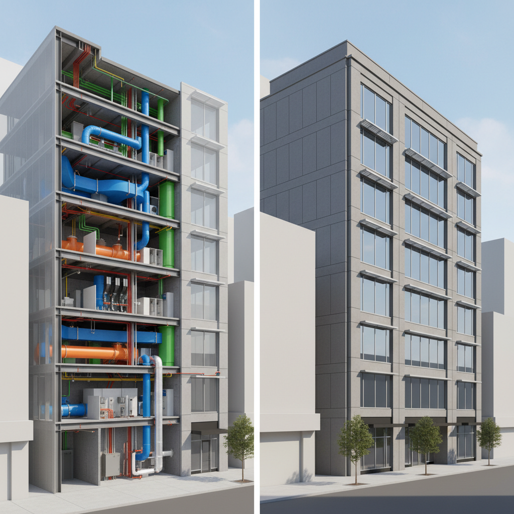 A split-screen style composition in photographic realism showing two halves of the same mid-rise commercial building: on the left, a semi-transparent cutaway rendering revealing colorful HVAC ducts, electrical conduits, and plumbing stacks; on the right, the completed exterior facade in neutral materials under a clear sky. The building is set in a clean urban context with simple surrounding shapes suggesting other structures. Soft, even daylight illuminates both halves consistently, with no harsh shadows. The camera is at a slightly elevated, three-quarter view, emphasizing depth and coordination. The mood is technical yet accessible, illustrating how MEP engineering turns complex internal systems into reliable, finished buildings.